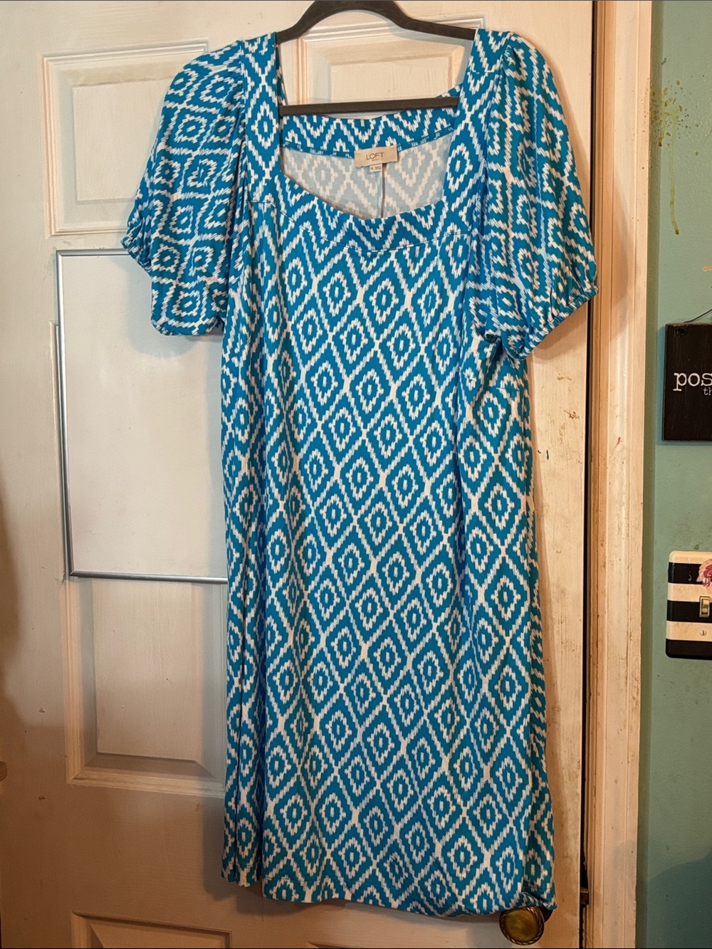 LOFT Blue and White Ikat Midi Dress Size XL